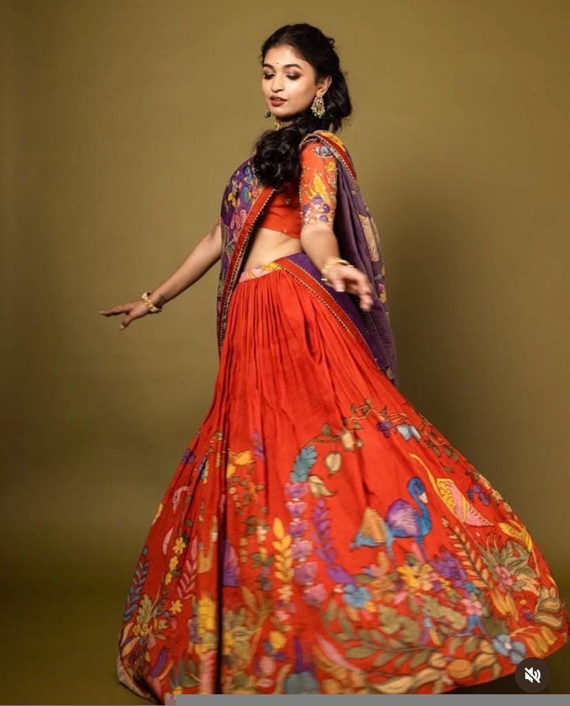 Hand-Painted Kalamkari Lehenga Set/Orange Silk Crop Top,Green Dupatta, Kalamkari lehenga set,hand painted lehenga set,kalamkari skirtset usa