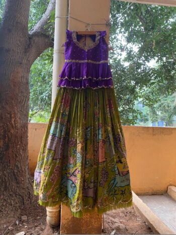 Hand-Painted Kalamkari Lehenga Set: Purple Crop Top, Silk Skirt