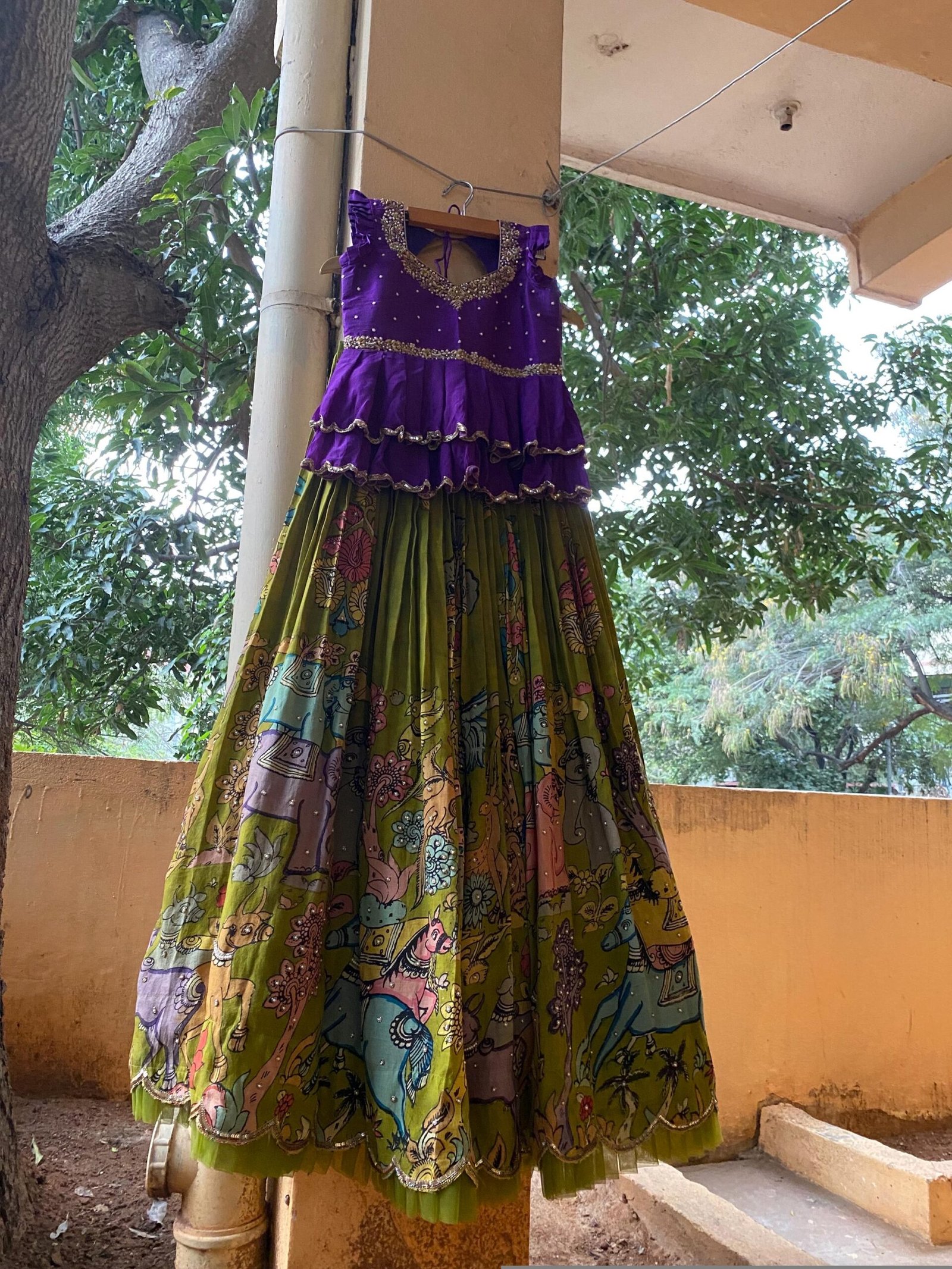 Hand-Painted Kalamkari Lehenga Set: Purple Crop Top, Silk Skirt