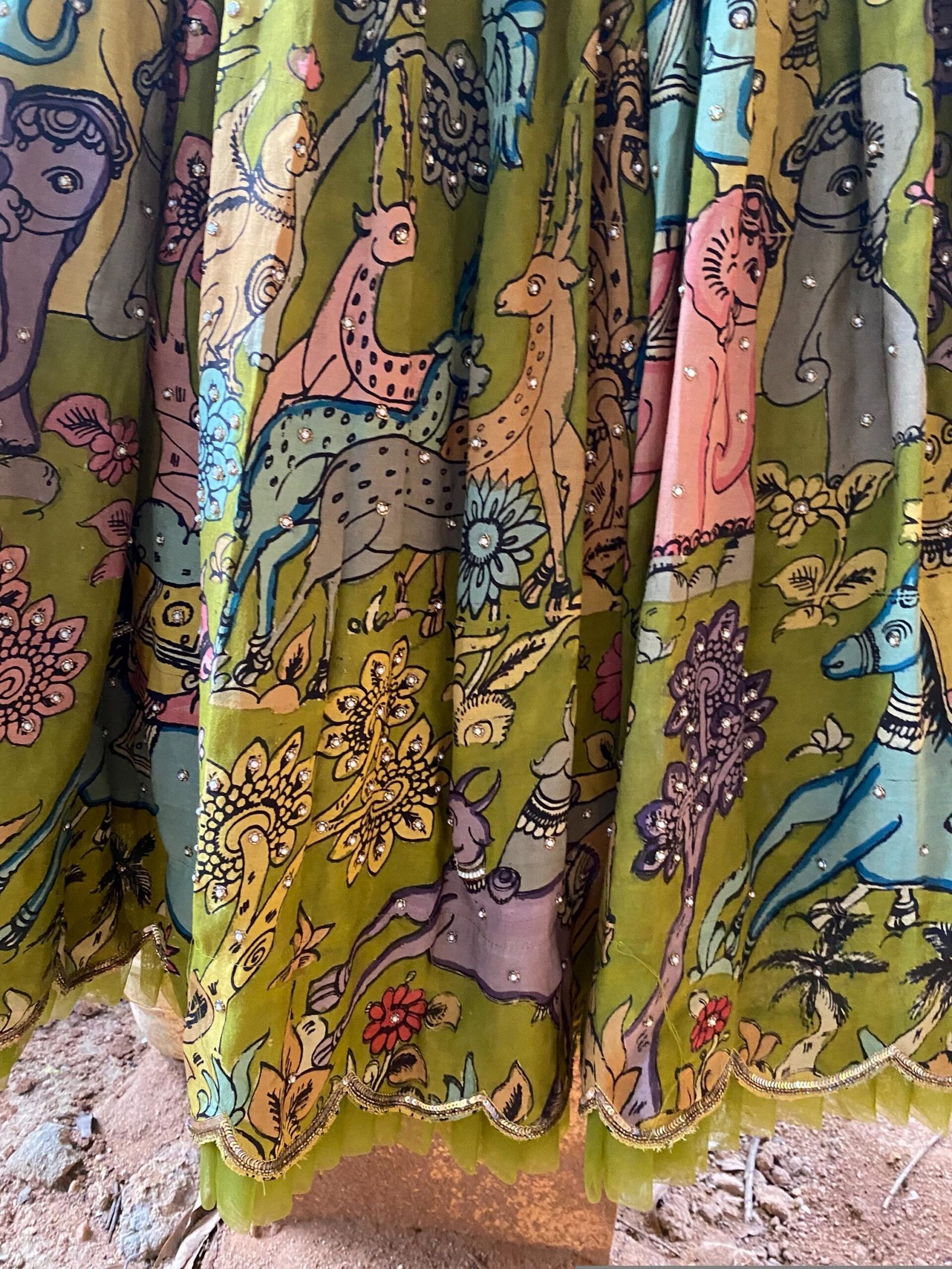 Hand-Painted Kalamkari Lehenga Set: Purple Crop Top, Silk Skirt