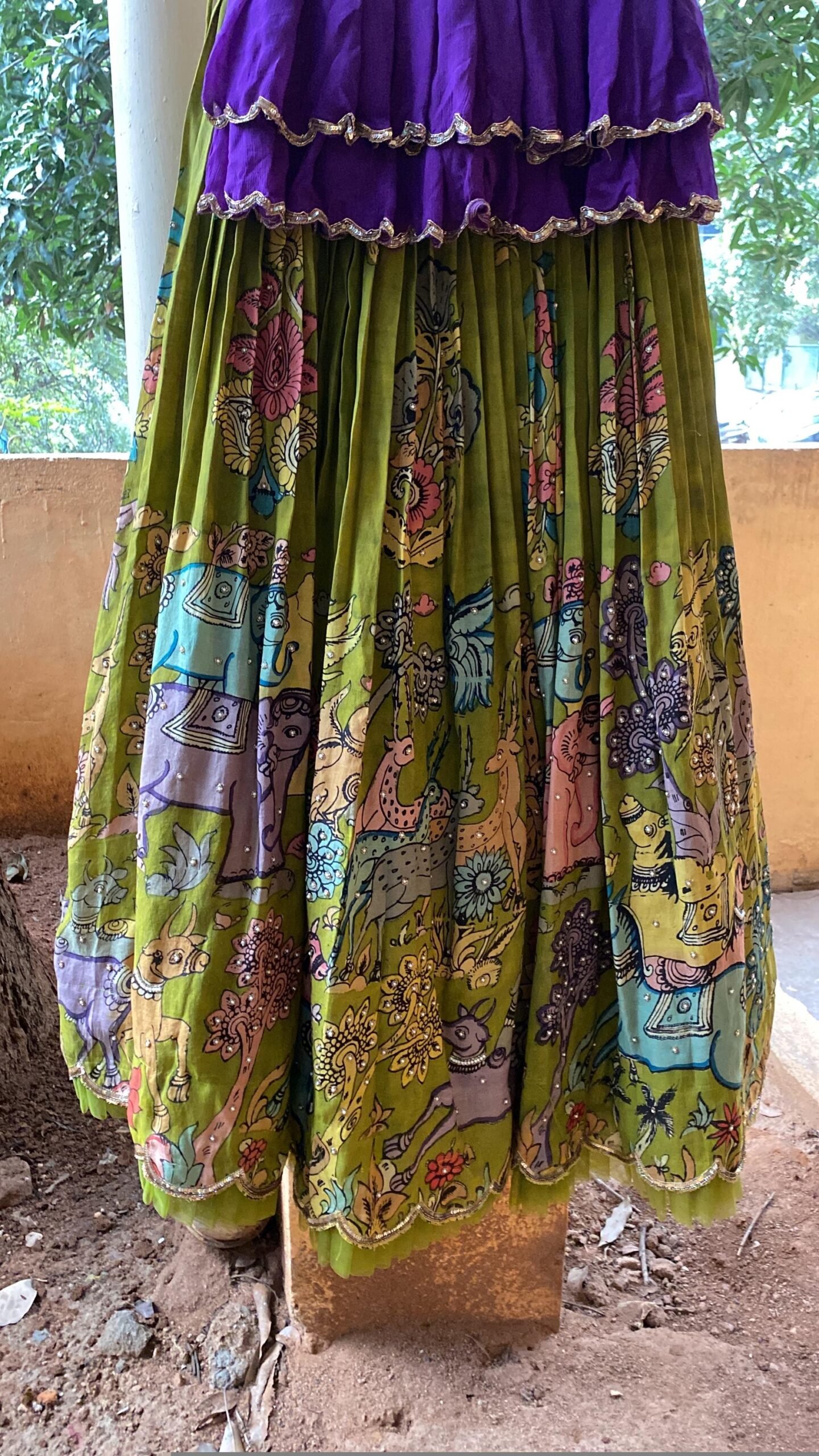 Hand-Painted Kalamkari Lehenga Set: Purple Crop Top, Silk Skirt