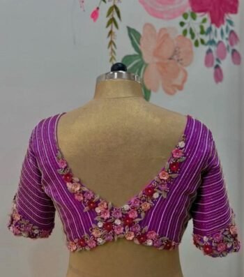 Purple Silk Saree Blouse: Floral 3D Hand Embroidery, Zardosi Work