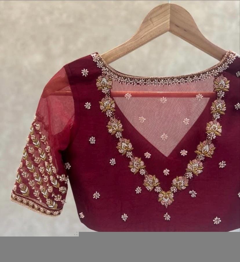 pure silk hand embroidery blouse /saree maggam blouse /red zardosi blouse /maroon red hand embroidered blouse /red ready made blouse zardosi