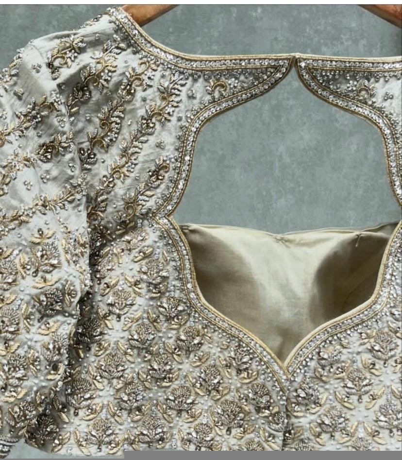 pure silk hand embroidery blouse/cream saree maggam blouse/raw silk zardosi blouse/hand embroidered blouse/cream ready made blouse zardosi