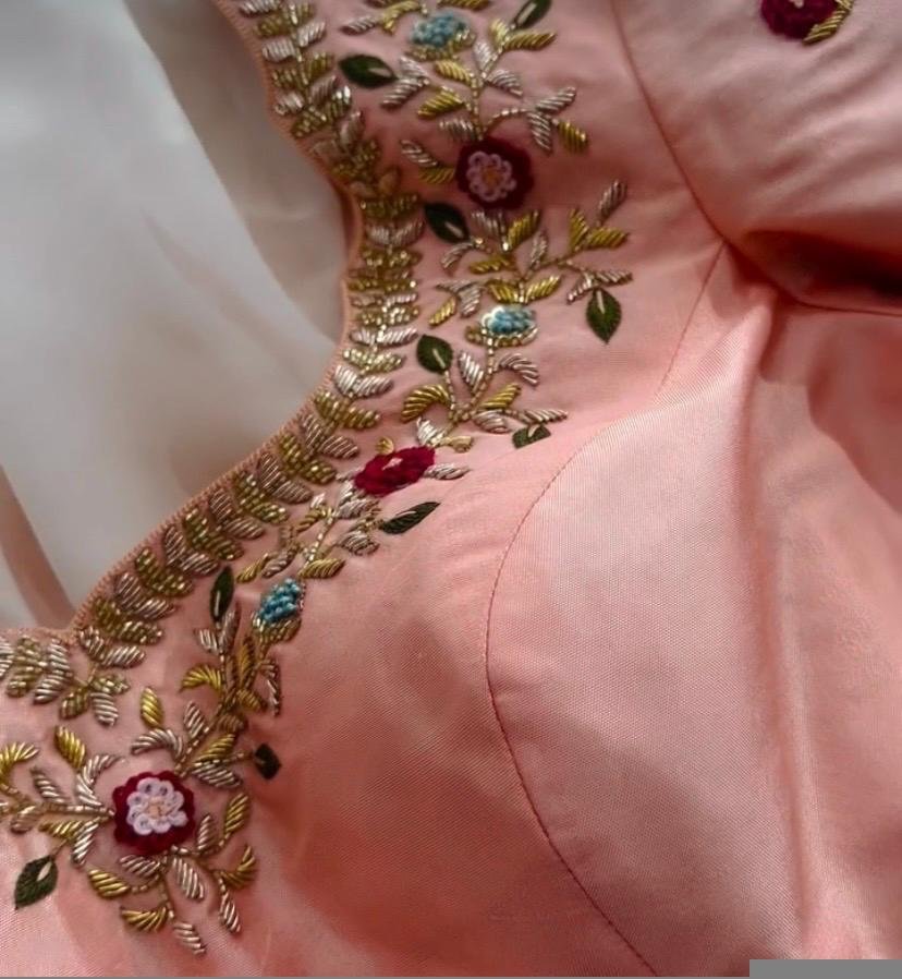 pure silk hand embroidery blouse/peach maggam blouse/peach hand embroidered blouse/peach ready made blouse zardosi/peach multicolor blouse
