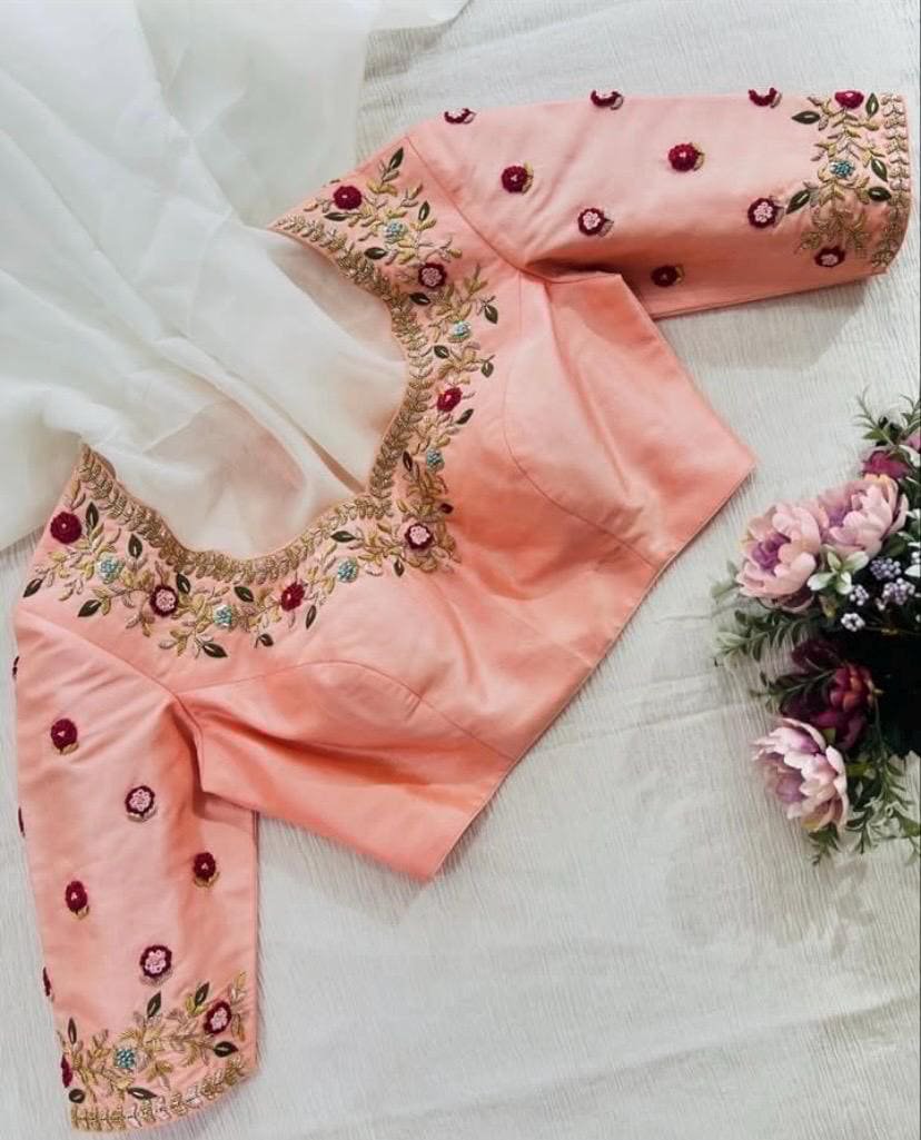 pure silk hand embroidery blouse/peach maggam blouse/peach hand embroidered blouse/peach ready made blouse zardosi/peach multicolor blouse