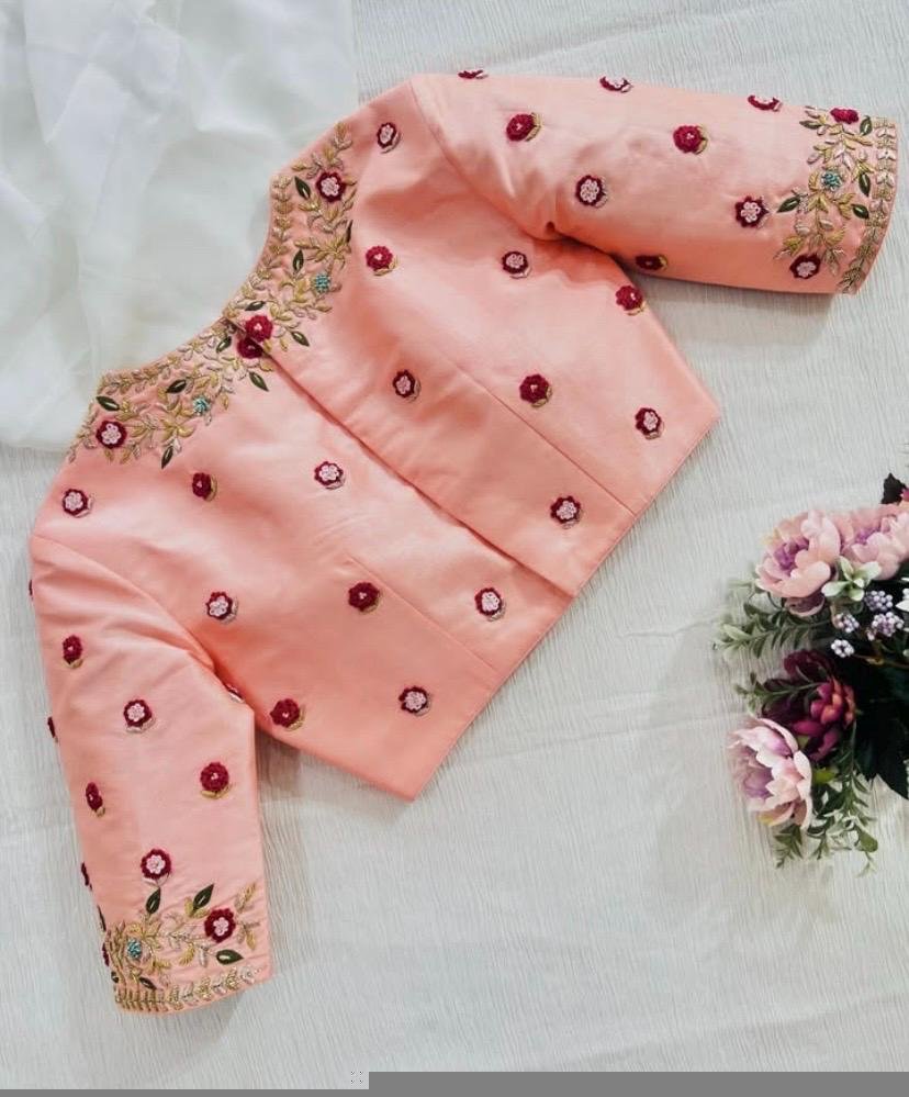 pure silk hand embroidery blouse/peach maggam blouse/peach hand embroidered blouse/peach ready made blouse zardosi/peach multicolor blouse