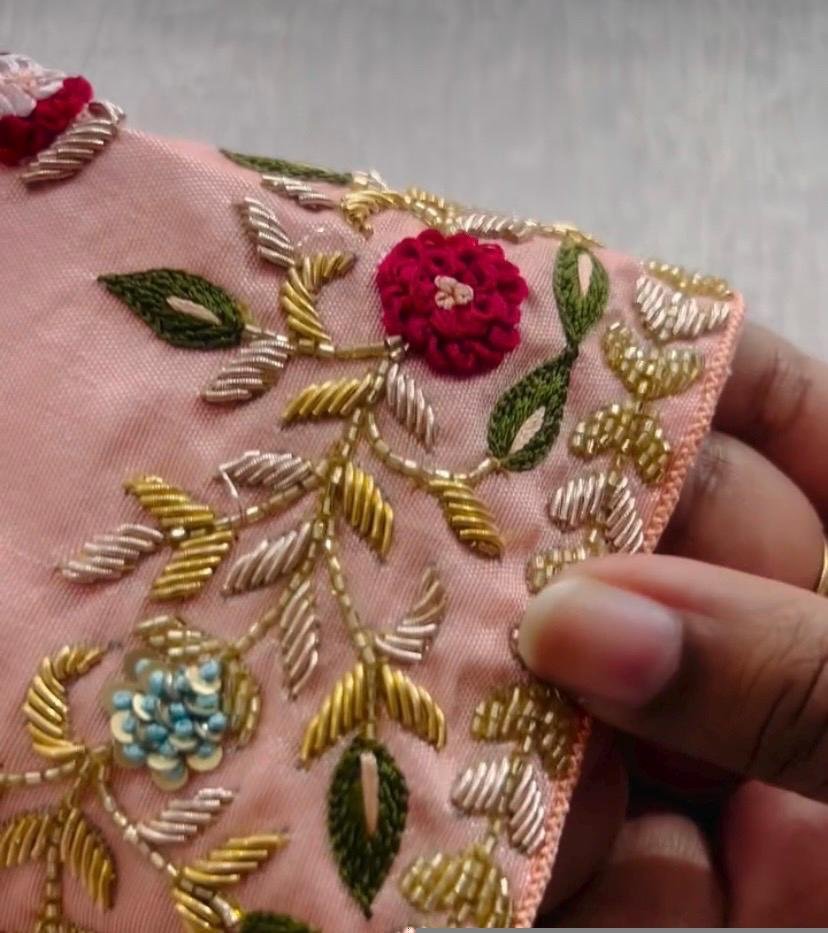 pure silk hand embroidery blouse/peach maggam blouse/peach hand embroidered blouse/peach ready made blouse zardosi/peach multicolor blouse