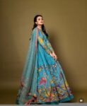 Hand-Painted Kalamkari Anarkali Dress with Dupatta: Blue Silk Embroidered Gown