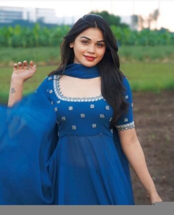 Hand Embroidered Blue Georgette Anarkali Dress with Dupatta