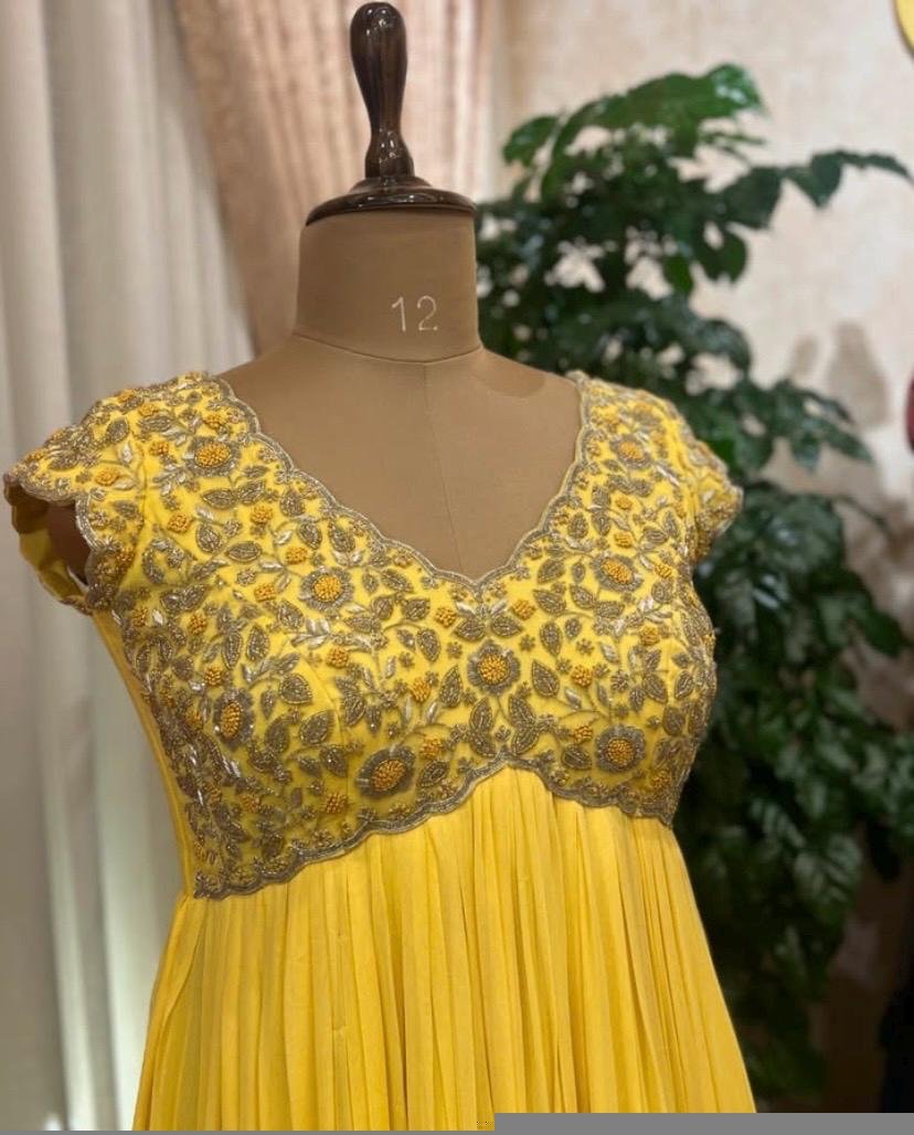 Mustard Yellow Anarkali Suit: Hand Embroidered Georgette Haldi Dress