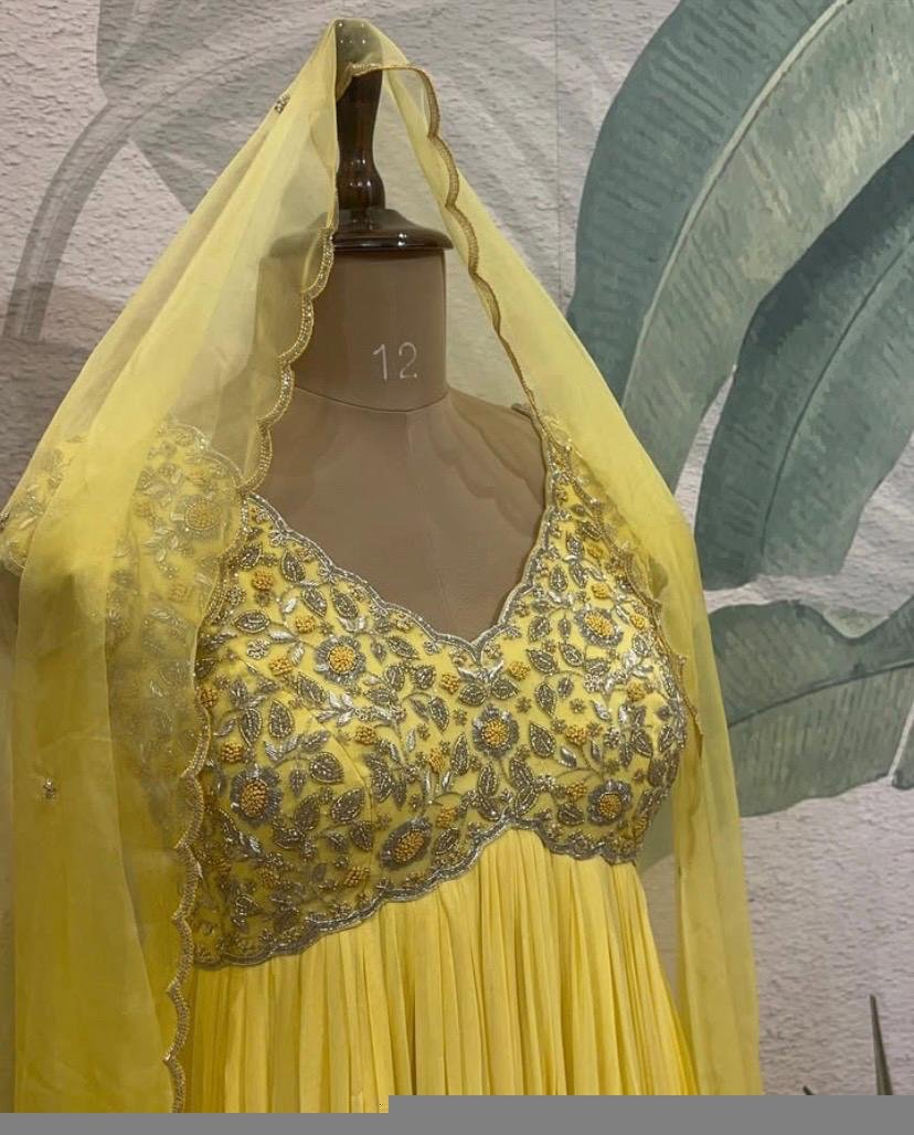 Mustard Yellow Anarkali Suit: Hand Embroidered Georgette Haldi Dress