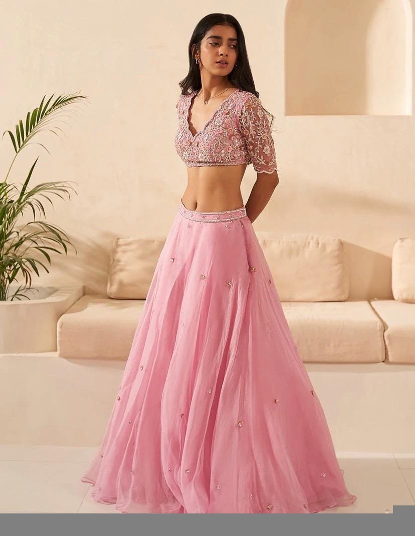 Hand Embroidered Pink Lehenga Set: Organza Silk Indian Crop Top Skirt