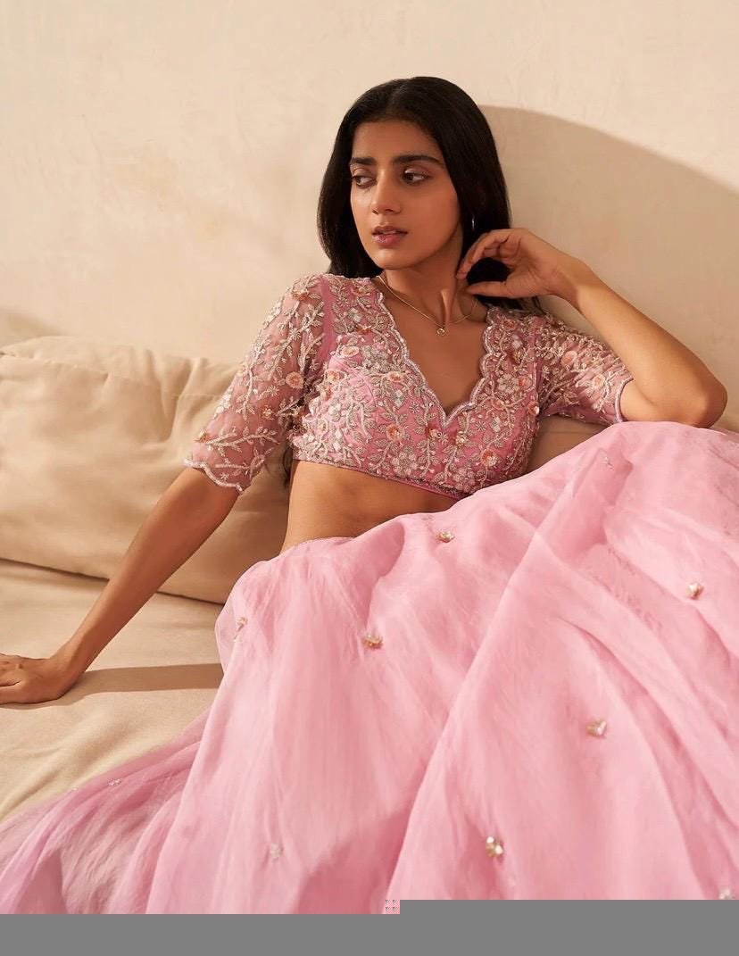 Hand Embroidered Pink Lehenga Set: Organza Silk Indian Crop Top Skirt