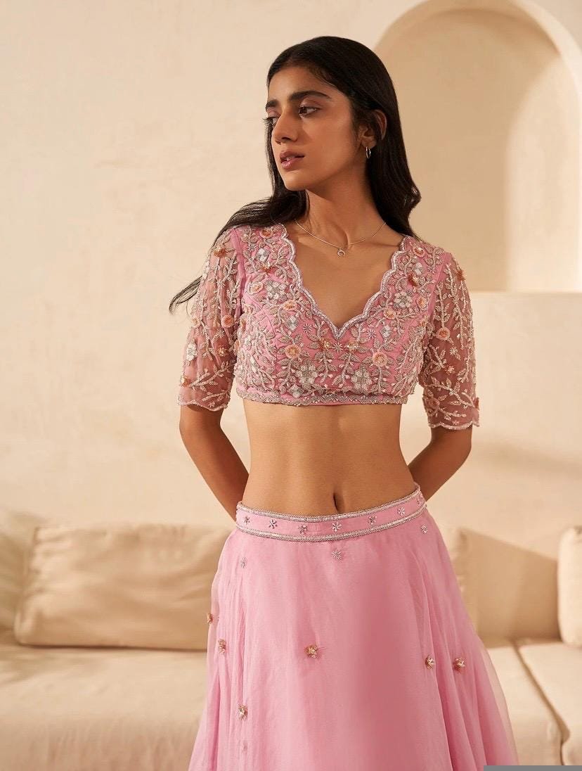 Hand Embroidered Pink Lehenga Set: Organza Silk Indian Crop Top Skirt