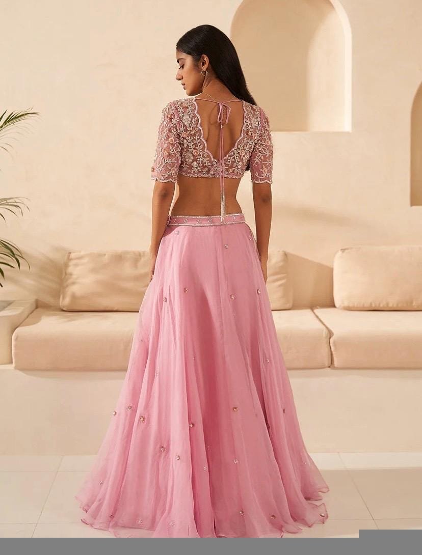 Hand Embroidered Pink Lehenga Set: Organza Silk Indian Crop Top Skirt
