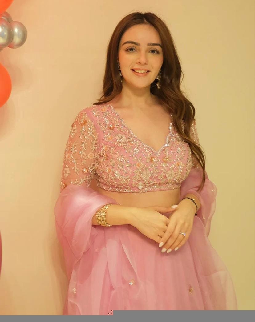 Hand Embroidered Pink Lehenga Set: Organza Silk Indian Crop Top Skirt