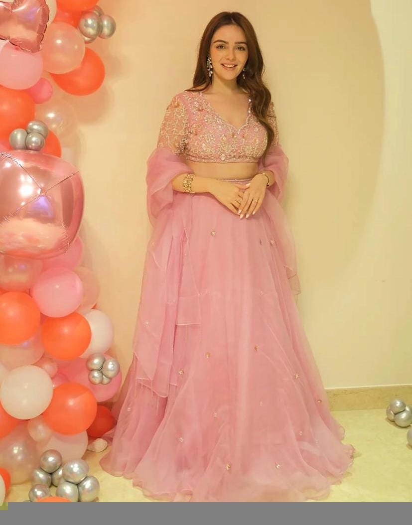 Hand Embroidered Pink Lehenga Set: Organza Silk Indian Crop Top Skirt