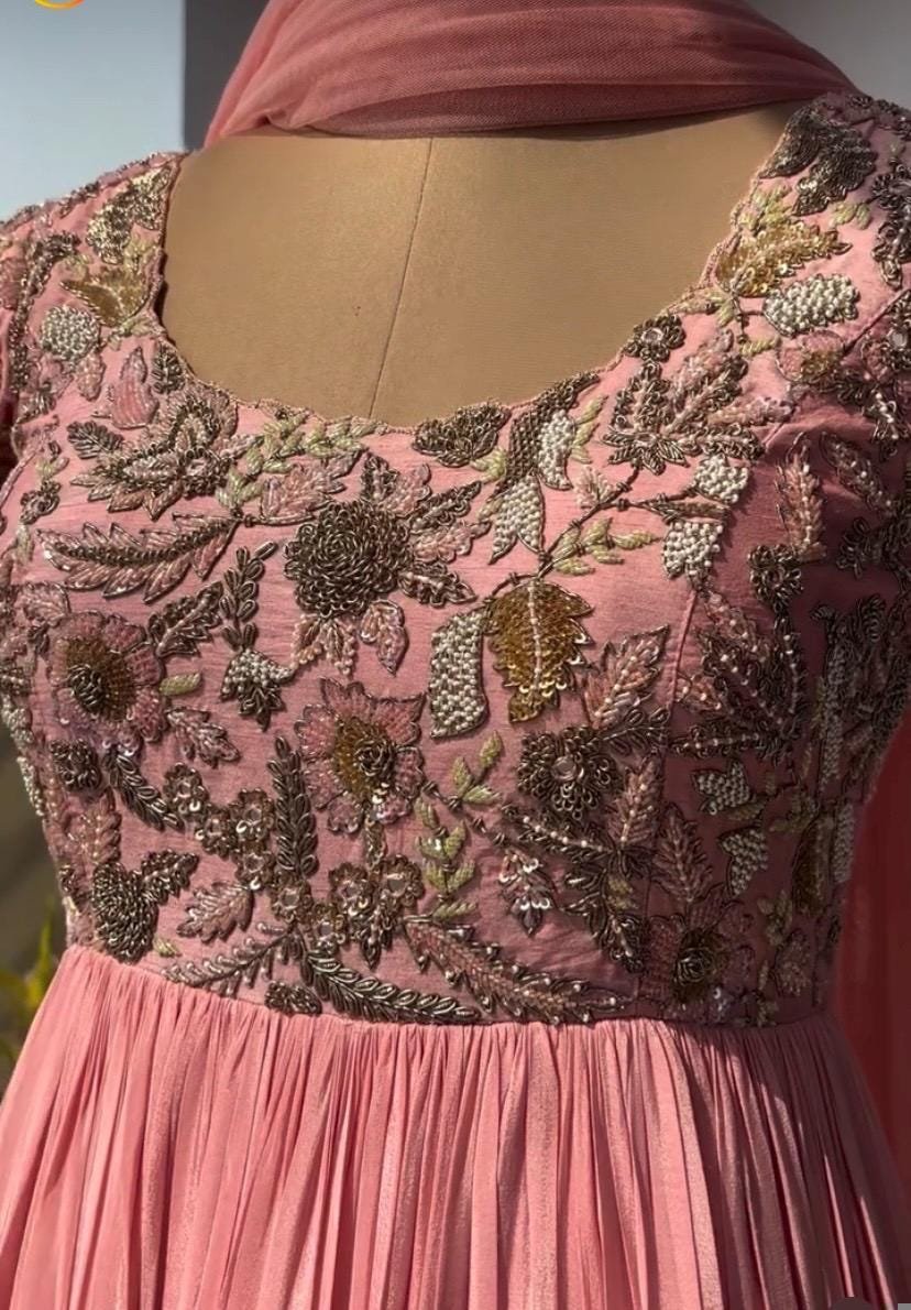 Pink Anarkali Suit: Hand Embroidered Zardosi Indian Dress