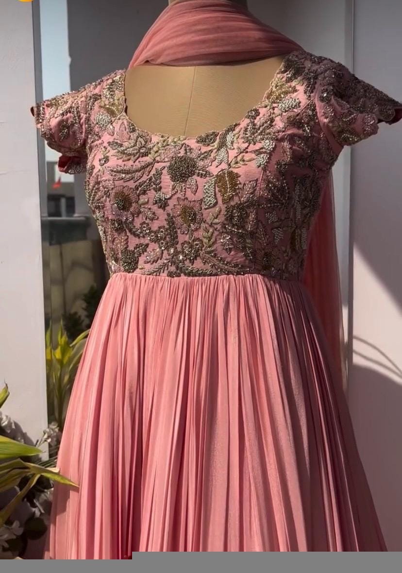 Pink Anarkali Suit: Hand Embroidered Zardosi Indian Dress