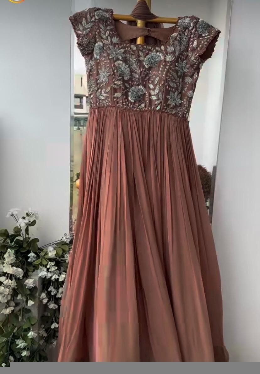 Brown Anarkali Suit Set: Hand Embroidered Zardosi Indian Dress