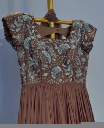 Brown Anarkali Suit Set: Hand Embroidered Zardosi Indian Dress