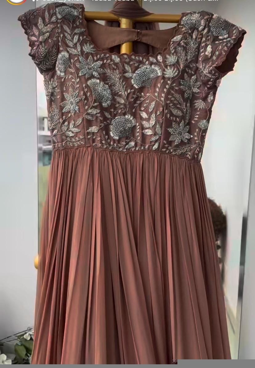 Brown Anarkali Suit Set: Hand Embroidered Zardosi Indian Dress