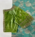 Hand Embroidered Velvet Saree Blouse: Green Zardosi Maggam Work