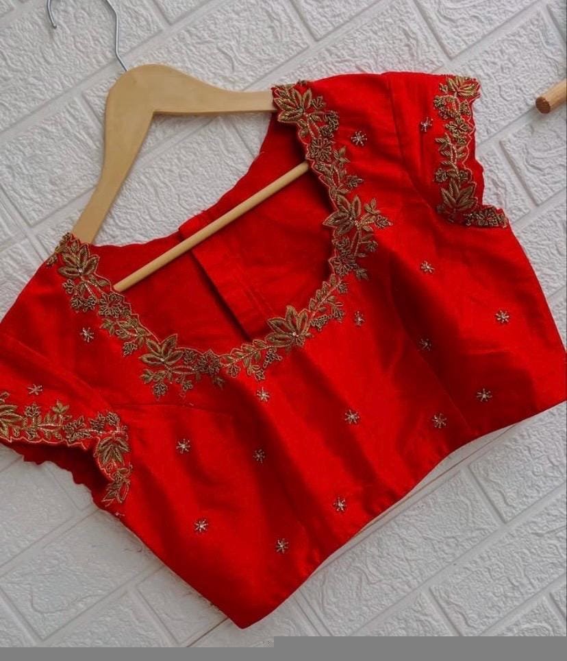 pure silk hand embroidery blouse/short sleeve maggam blouse/raw silk zardosi blouse/hand embroidered blouse/red ready made blouse zardosi