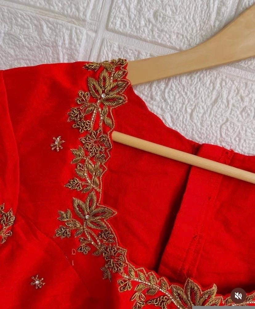 pure silk hand embroidery blouse/short sleeve maggam blouse/raw silk zardosi blouse/hand embroidered blouse/red ready made blouse zardosi