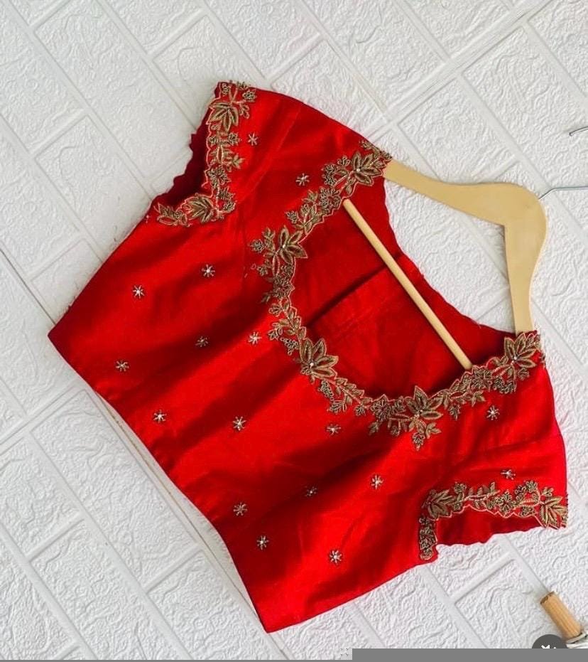 pure silk hand embroidery blouse/short sleeve maggam blouse/raw silk zardosi blouse/hand embroidered blouse/red ready made blouse zardosi