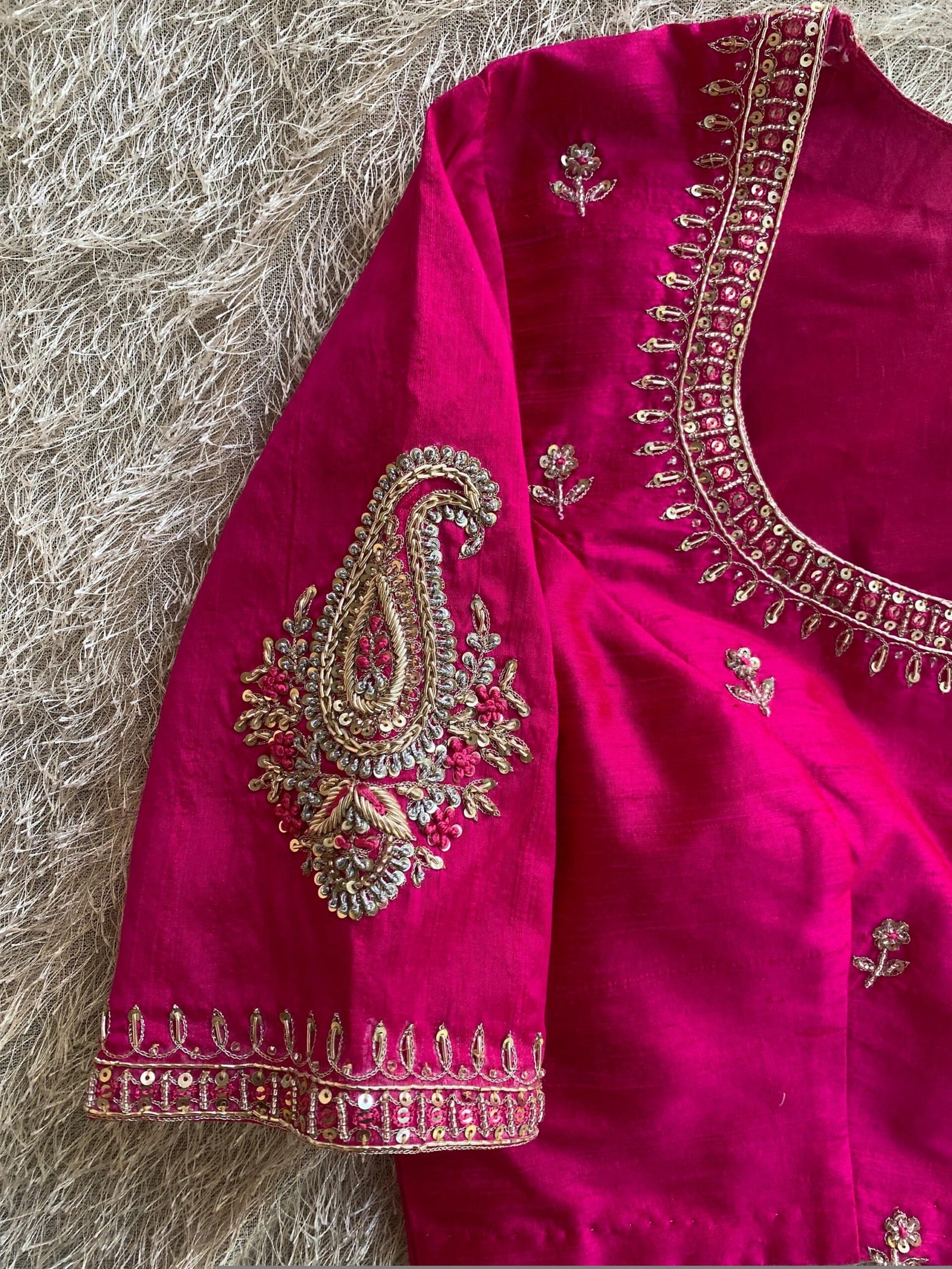 pure silk hand embroidery blouse/reddish pink maggam blouse /raw silk zardosi blouse/hand embroidered blouse /red ready made blouse zardosi