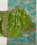 Hand Embroidered Velvet Saree Blouse: Green Zardosi Maggam Work