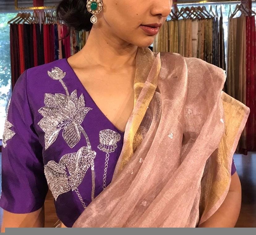 pure silk hand embroidery blouse/saree maggam blouse/purple zardosi blouse/purple hand embroidered blouse/purple ready made blouse zardosi