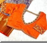 pure silk hand embroidery blouse/orange saree maggam blouse/raw silk zardosi blouse/hand embroidered blouse/ready made blouse/orange blouse
