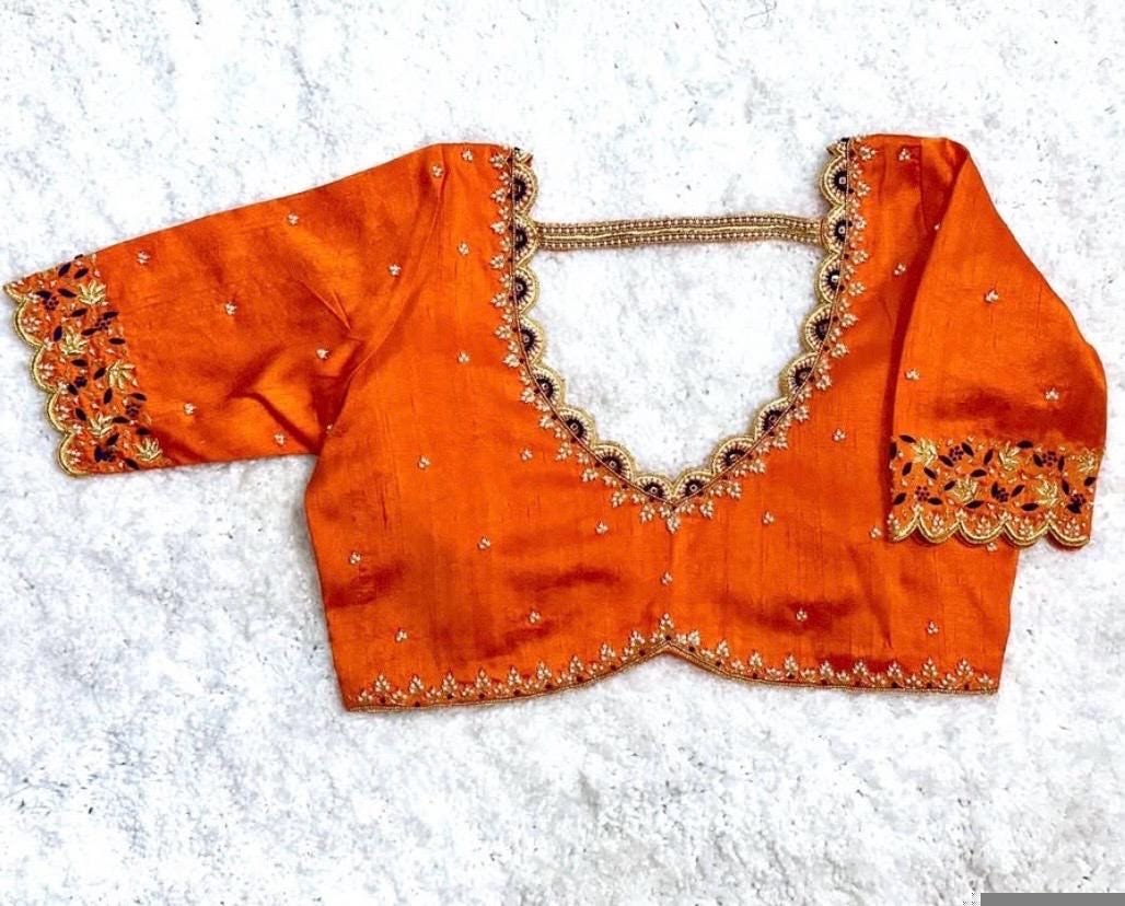 pure silk hand embroidery blouse/orange saree maggam blouse/raw silk zardosi blouse/hand embroidered blouse/ready made blouse/orange blouse
