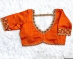 pure silk hand embroidery blouse/orange saree maggam blouse/raw silk zardosi blouse/hand embroidered blouse/ready made blouse/orange blouse