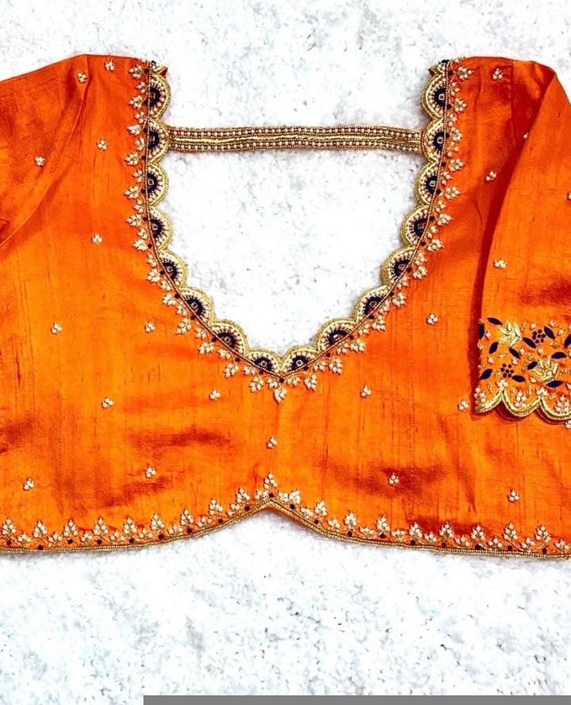 pure silk hand embroidery blouse/orange saree maggam blouse/raw silk zardosi blouse/hand embroidered blouse/ready made blouse/orange blouse