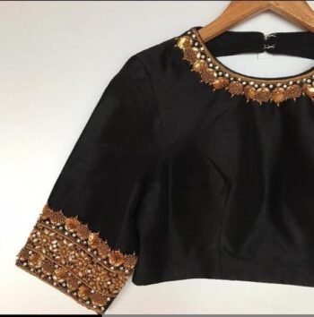 pure silk hand embroidery blouse/black maggam blouse/raw silk zardosi blouse/hand embroidered blouse/black high neck ready made blouse