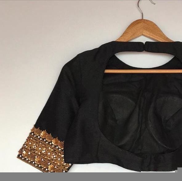 pure silk hand embroidery blouse/black maggam blouse/raw silk zardosi blouse/hand embroidered blouse/black high neck ready made blouse usa