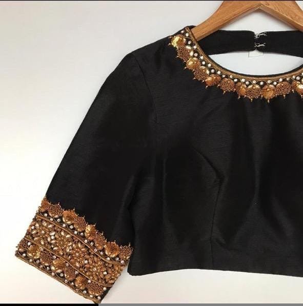 pure silk hand embroidery blouse/black maggam blouse/raw silk zardosi blouse/hand embroidered blouse/black high neck ready made blouse usa