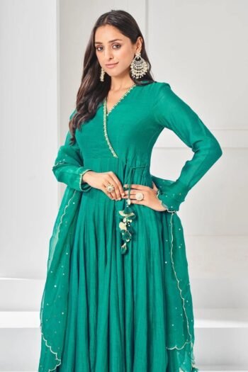 Hand embroidered Anarkali with pants /anarkali suit set /anarkali dupatta Indian dresses/green wrap kurta with Polazzo/kurta with pants