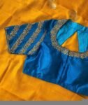 Hand Embroidered Raw Silk Blouse: Blue Zardosi Maggam Work