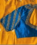 Hand Embroidered Raw Silk Blouse: Blue Zardosi Maggam Work