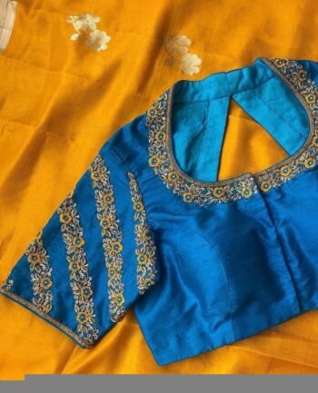 Hand Embroidered Raw Silk Blouse: Blue Zardosi Maggam Work