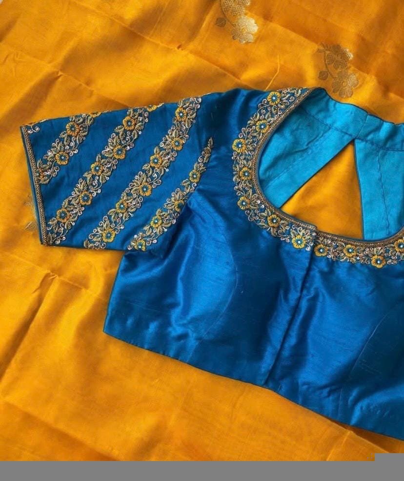 Hand Embroidered Raw Silk Blouse: Blue Zardosi Maggam Work