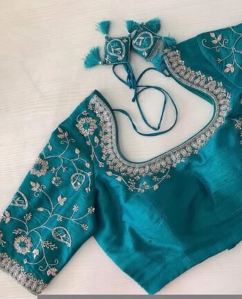 pure silk hand embroidery blouse/saree maggam blouse/blue zardosi blouse/turquoise blue embroidered blouse/blue ready made blouse zardosi