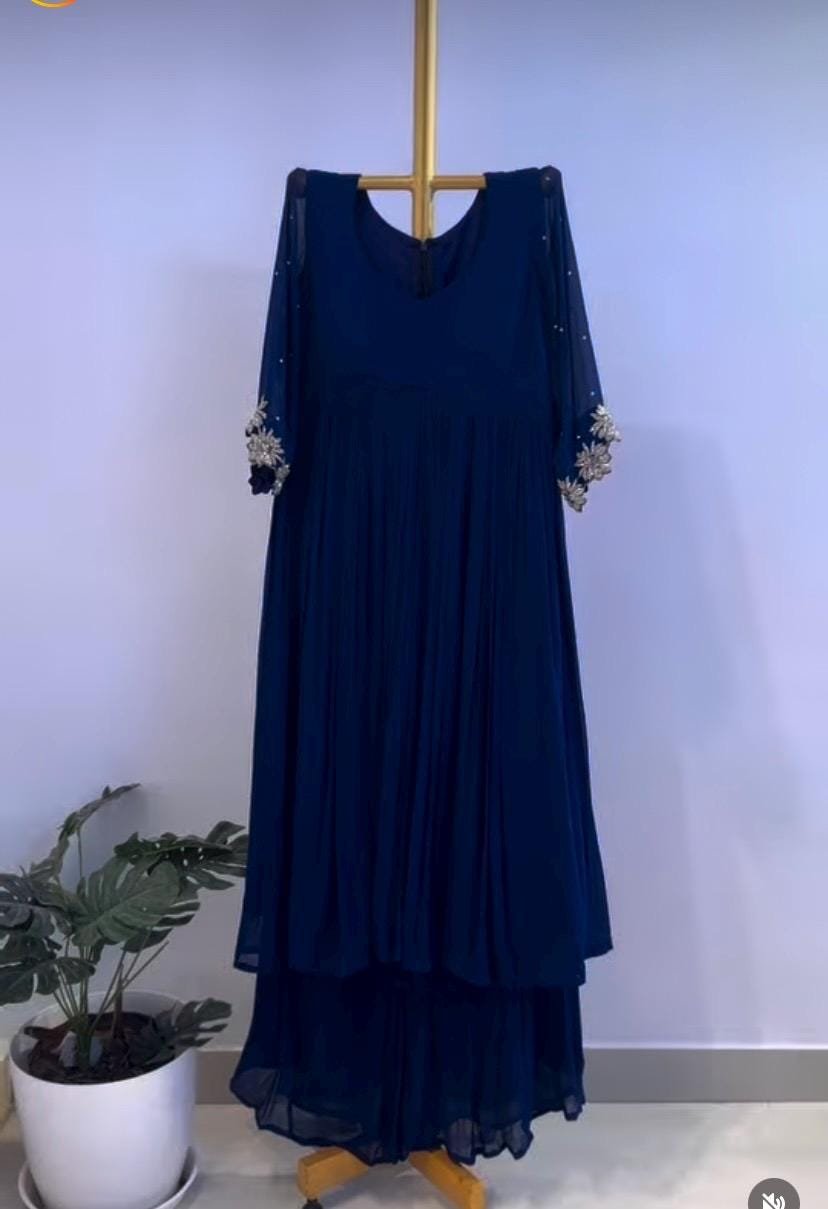 Hand embroidered Anarkali/royal blue anarkali suit/blue georgette anarkali with pant USA/Indian dresses/blue anarkali with polazzo set usa