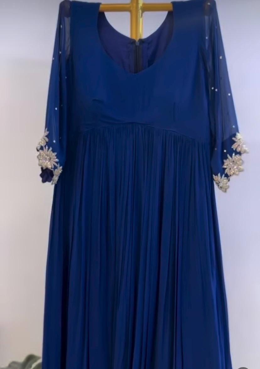 Hand embroidered Anarkali/royal blue anarkali suit/blue georgette anarkali with pant USA/Indian dresses/blue anarkali with polazzo set usa