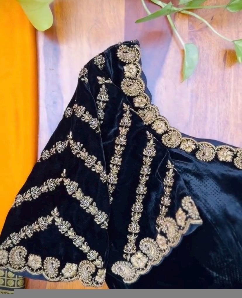 pure velvet hand embroidery blouse/U neck maggam blouse/black zardosi blouse/velvet hand embroidered blouse/black velvet ready made blouse